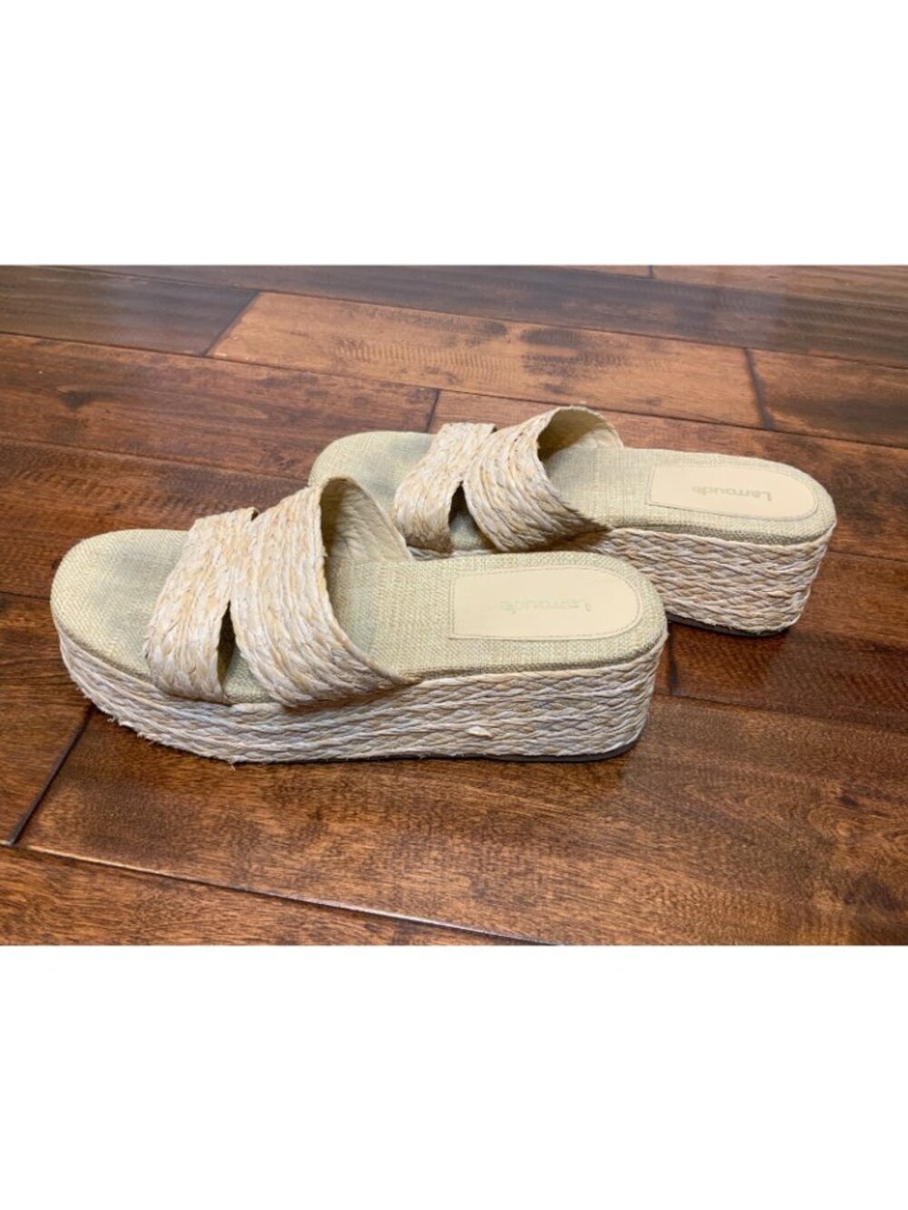 Larroude Tan Wedge Ash Braided Rafia Platform Sandals, Size 8 - Picture 4 of 8